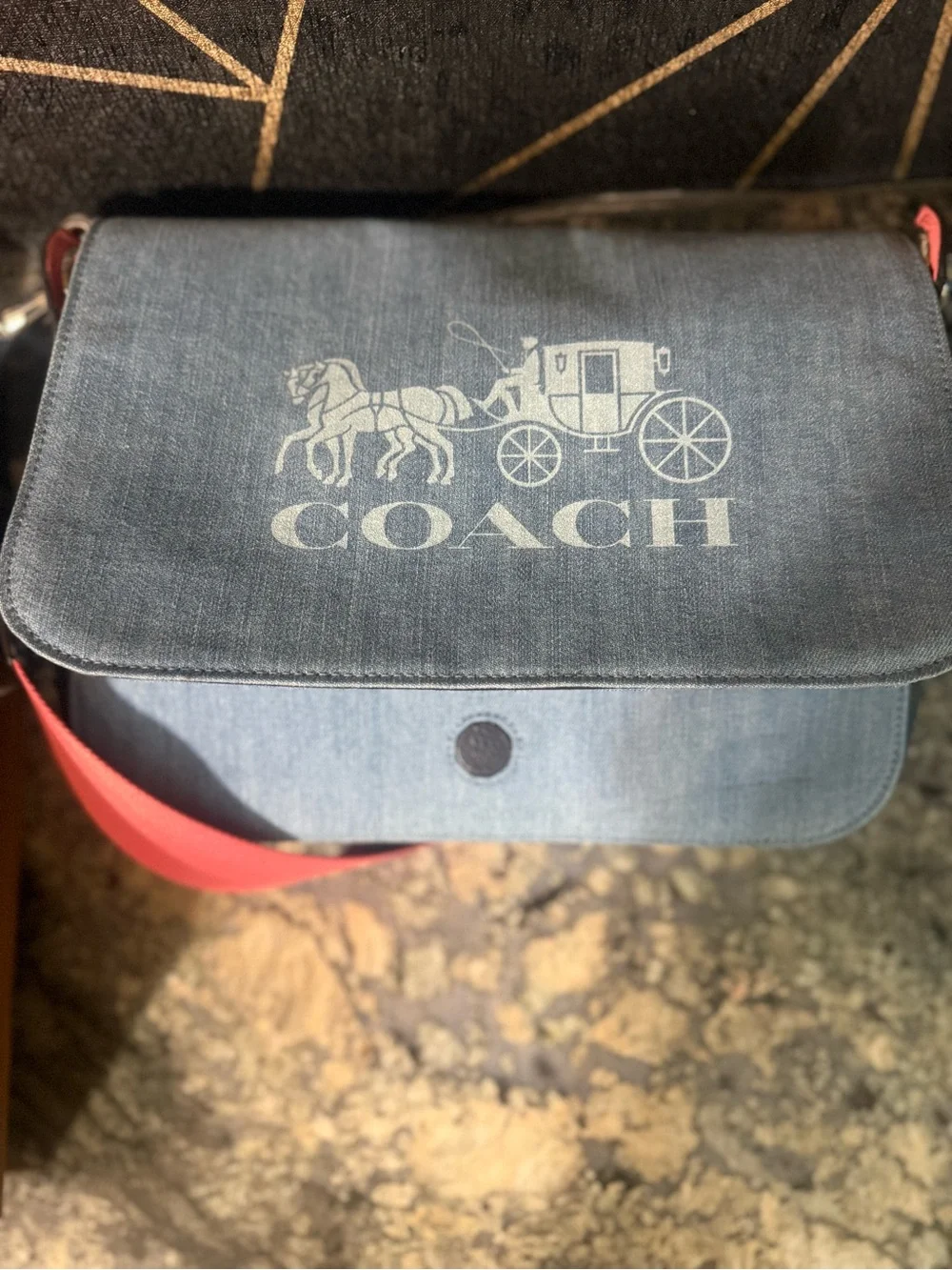 Coach Light Blue Denim Crossbody with Pink Webbed Strap